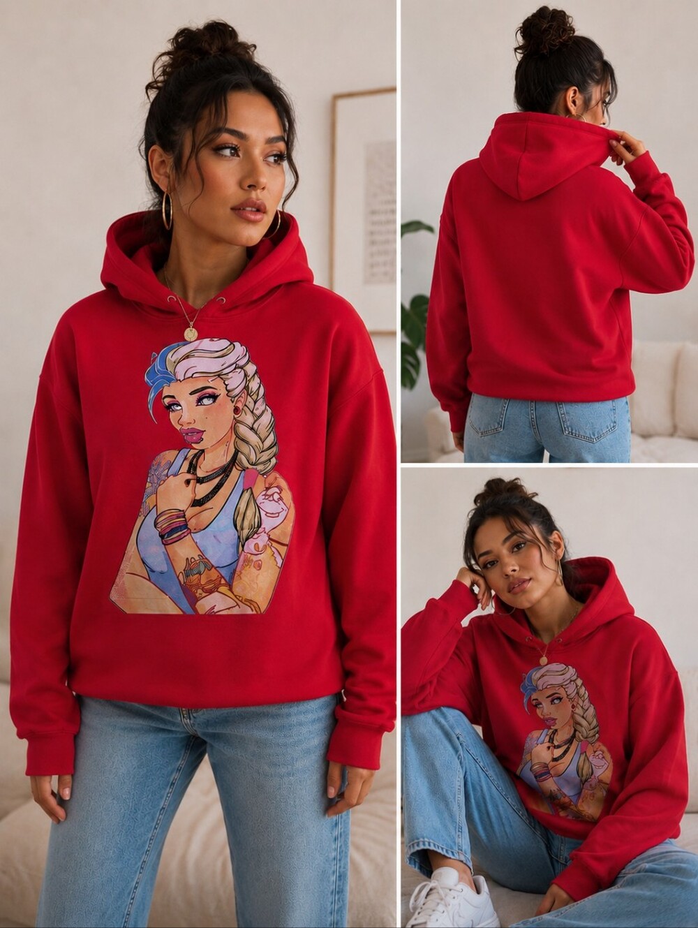 Edgy Elsa Hanes EcoSmart Red Graphic Hoodie Sweatshirt – Size Large